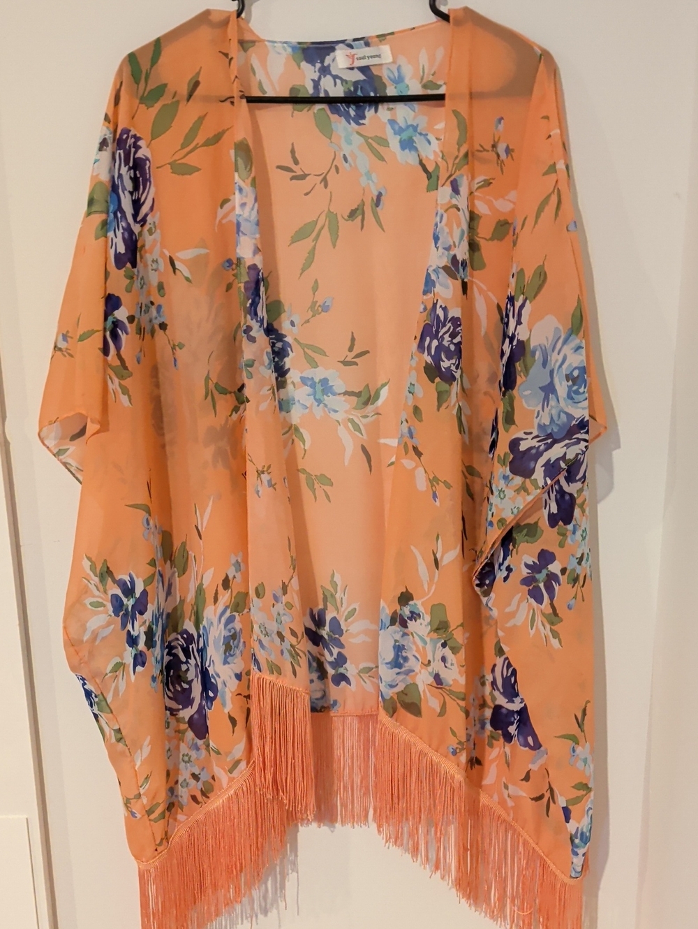Peach Floral Fringe Kimono Cardigan